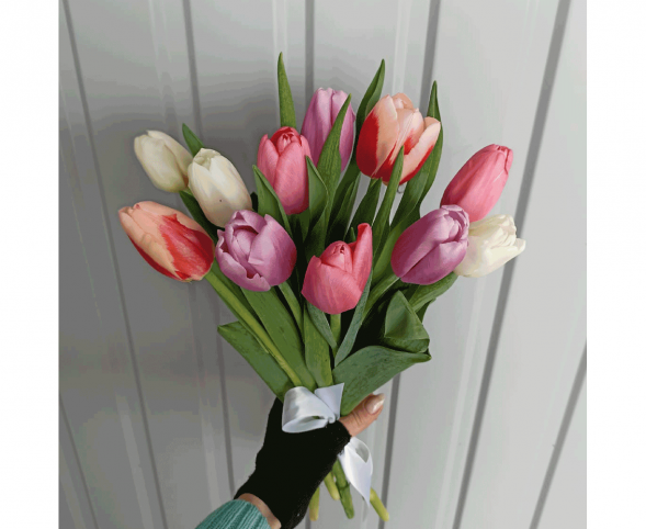 11 тюльпанов цвета микс, лента в Новоозёрном