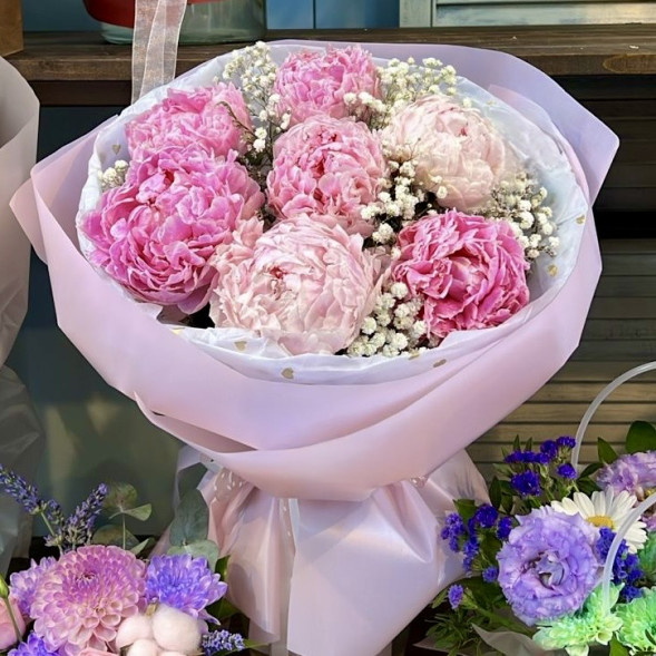 Букет 7 нежных пионов с гипсофилой в Новоозёрном